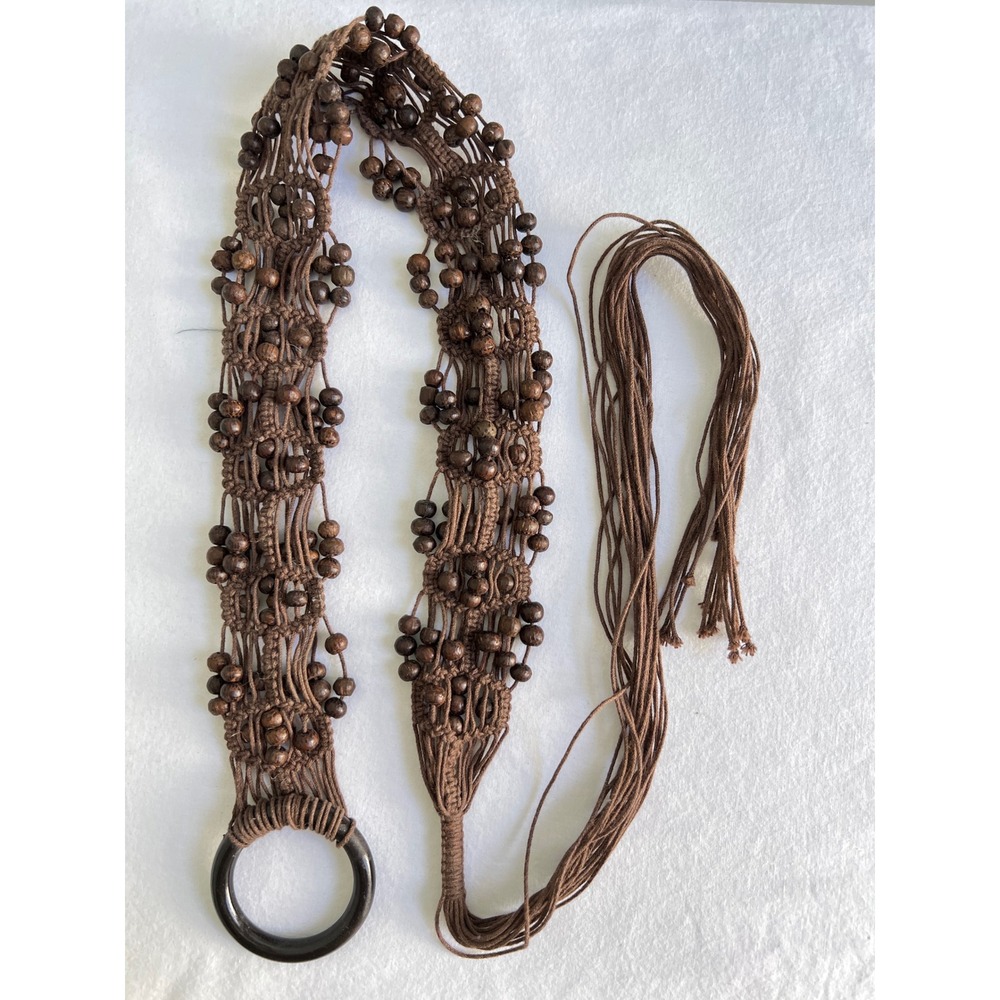 Vintage 1970s Macrame Natural Seed Bead Belt Boho Brown Woven Ring Buckle 47"